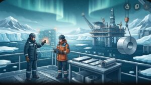 Современная иллюстрация стальных конструкций и слитков нержавеющей стали на фоне арктического пейзажа